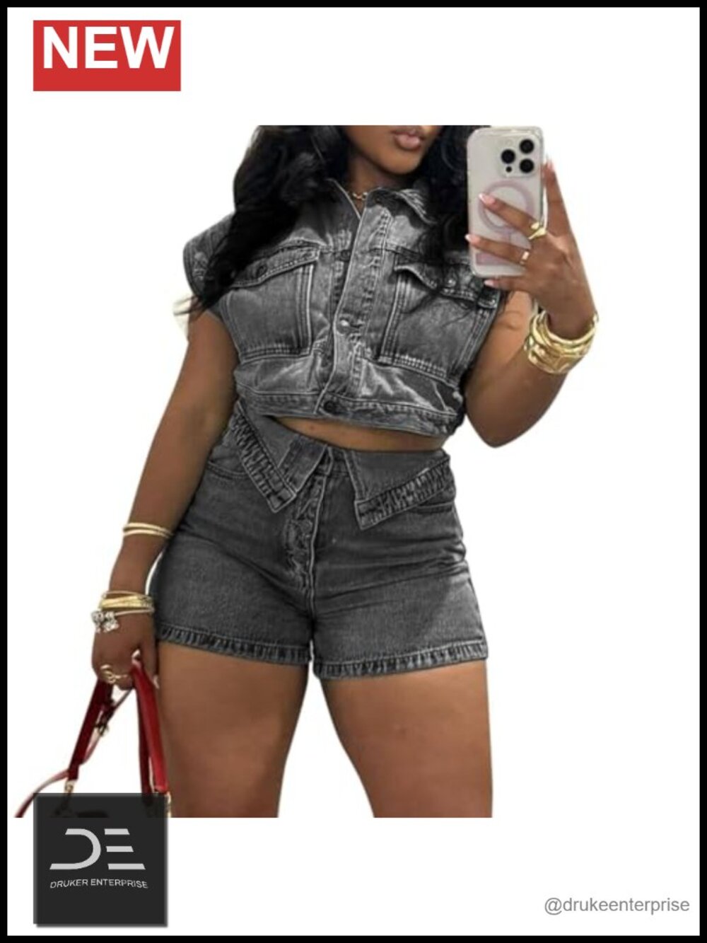 Women's Denim 2 Piece Outfit Crop Jacket Shorts Set Size Up S-XXL